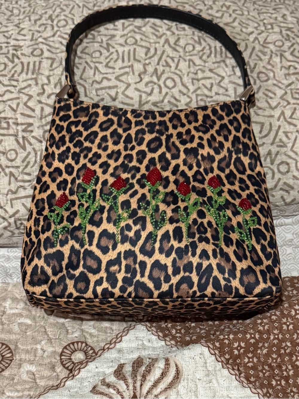 Isabella Fiore Leopard Shoulder Bag with Red Beaded Roses